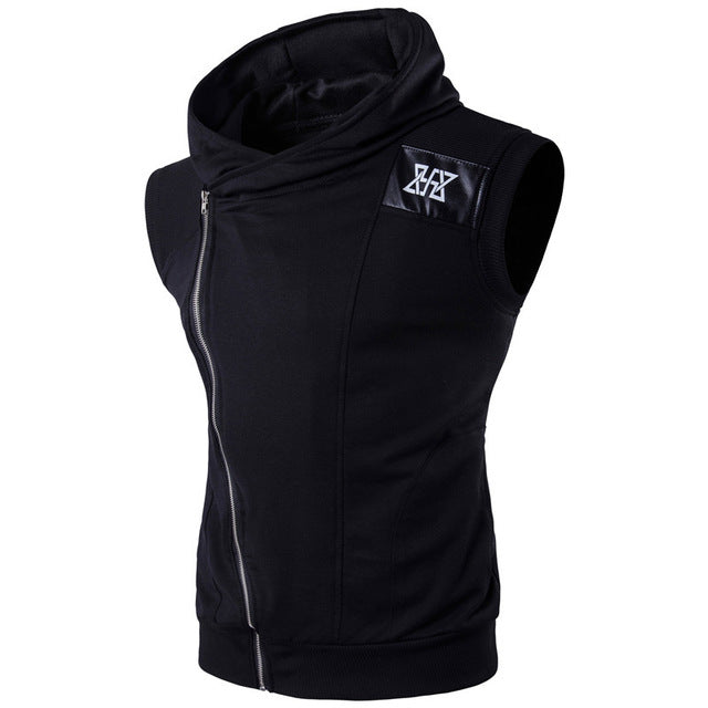 Oblique Zipper Sleeveless Hooded Workout Vest-men fashion & fitness-wanahavit-Black-XXXL-wanahavit