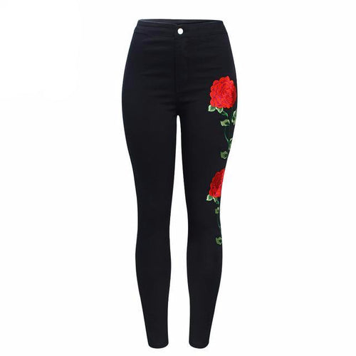 Load image into Gallery viewer, Embroidered Floral High Waist Slim Fit Jeans-women-wanahavit-black-XS-wanahavit
