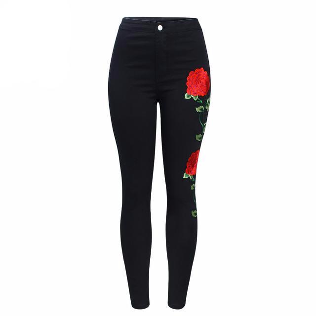 Embroidered Floral High Waist Slim Fit Jeans-women-wanahavit-black-XS-wanahavit