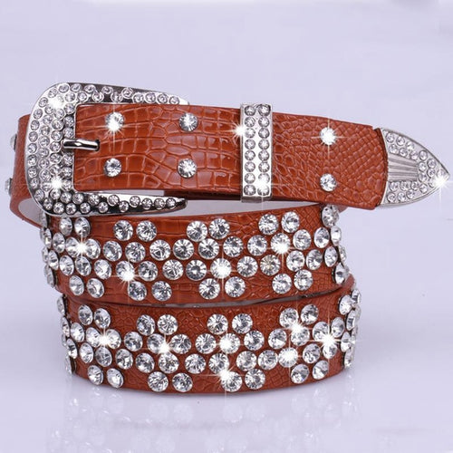 Load image into Gallery viewer, Rhinestone Drilled Wide Leather Belt-women-wanahavit-SZ001 Brown-108CM-wanahavit
