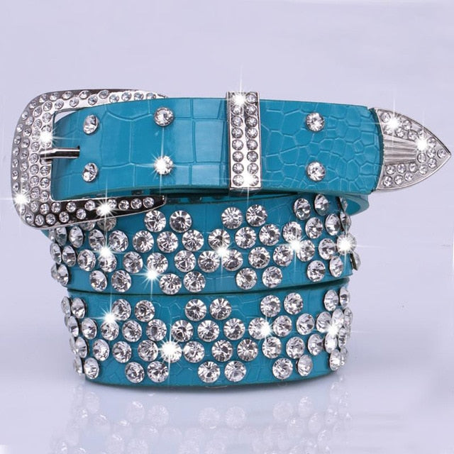 Rhinestone Drilled Wide Leather Belt-women-wanahavit-SZ001 Sky blue-108CM-wanahavit