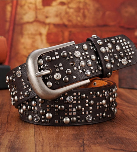 Luxury Genuine Leather Rivet Thin Punk Rock Belts-women-wanahavit-CM002 Black-95CM-wanahavit