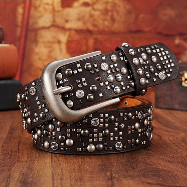 Luxury Genuine Leather Rivet Thin Punk Rock Belts-women-wanahavit-CM002 Black-95CM-wanahavit