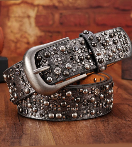 Luxury Genuine Leather Rivet Thin Punk Rock Belts-women-wanahavit-CM002 Silver grey-95CM-wanahavit