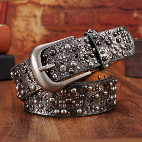 Load image into Gallery viewer, Luxury Genuine Leather Rivet Thin Punk Rock Belts-women-wanahavit-CM002 Silver grey-95CM-wanahavit
