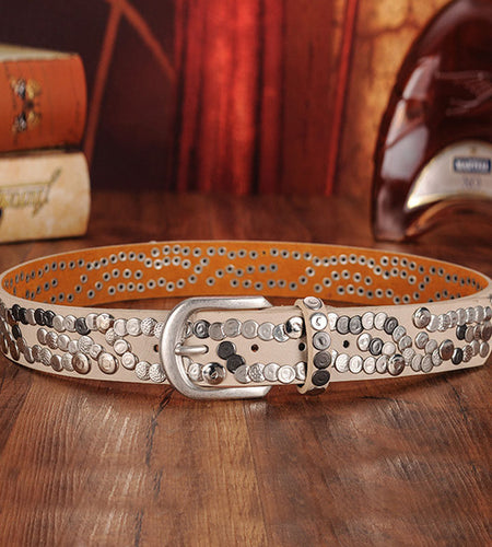 Genuine Leather Rivet Metal Punk Belt-women-wanahavit-CM003 Beige-95CM-wanahavit