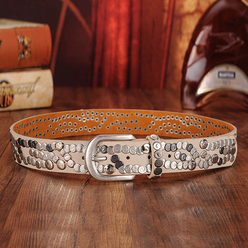 Load image into Gallery viewer, Genuine Leather Rivet Metal Punk Belt-women-wanahavit-CM003 Beige-95CM-wanahavit
