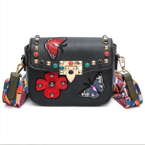 Load image into Gallery viewer, Small Leather Designer Hand Bag Embroidered with Butterflies-women-wanahavit-Black-wanahavit
