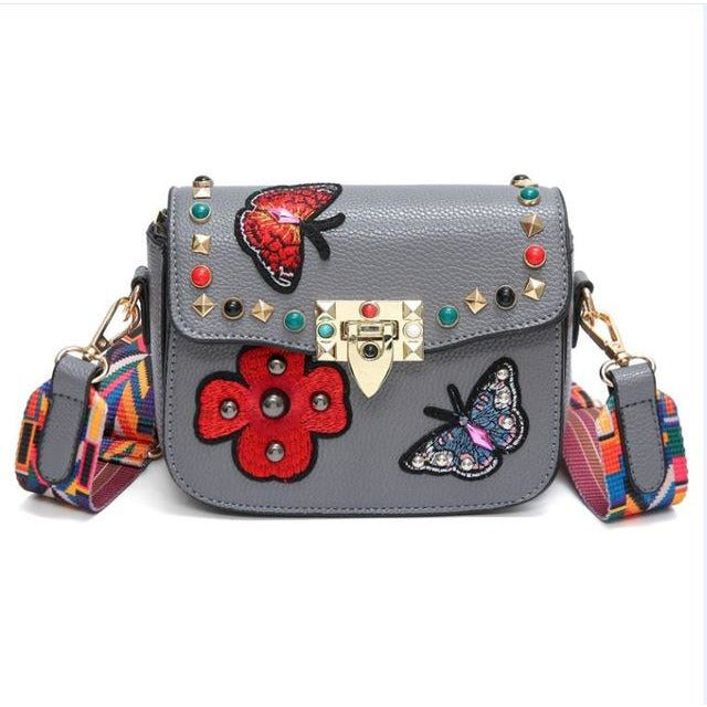 Small Leather Designer Hand Bag Embroidered with Butterflies-women-wanahavit-Gray-wanahavit