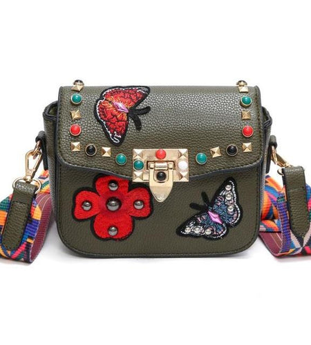 Small Leather Designer Hand Bag Embroidered with Butterflies-women-wanahavit-Army Green-wanahavit