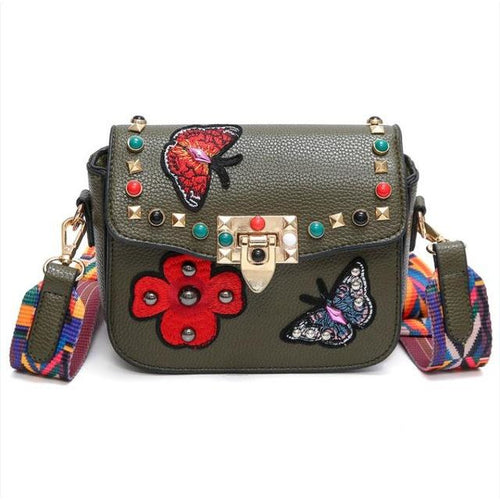 Load image into Gallery viewer, Small Leather Designer Hand Bag Embroidered with Butterflies-women-wanahavit-Army Green-wanahavit
