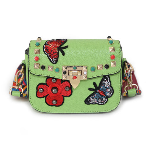 Load image into Gallery viewer, Small Leather Designer Hand Bag Embroidered with Butterflies-women-wanahavit-Light Green-wanahavit
