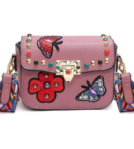 Small Leather Designer Hand Bag Embroidered with Butterflies-women-wanahavit-Pink-wanahavit