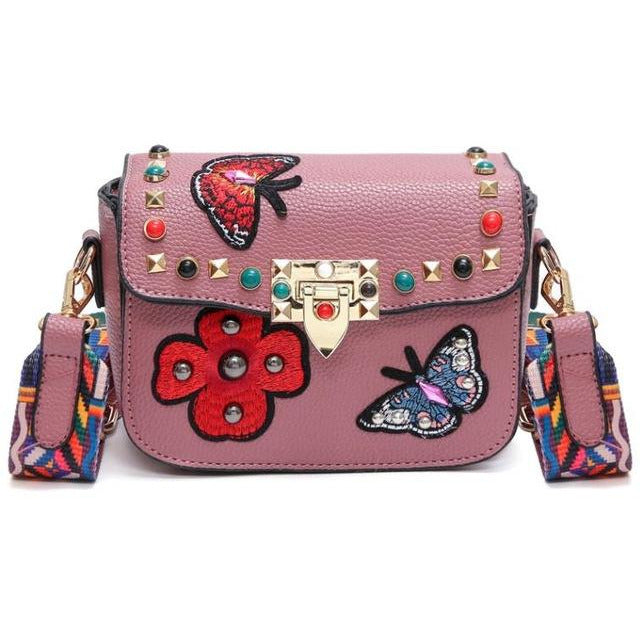 Small Leather Designer Hand Bag Embroidered with Butterflies-women-wanahavit-Pink-wanahavit