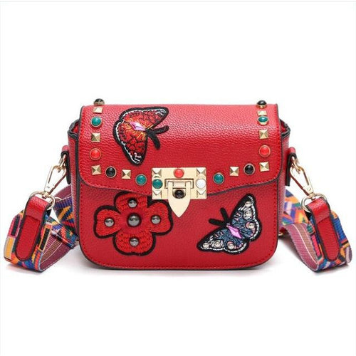 Load image into Gallery viewer, Small Leather Designer Hand Bag Embroidered with Butterflies-women-wanahavit-Red-wanahavit
