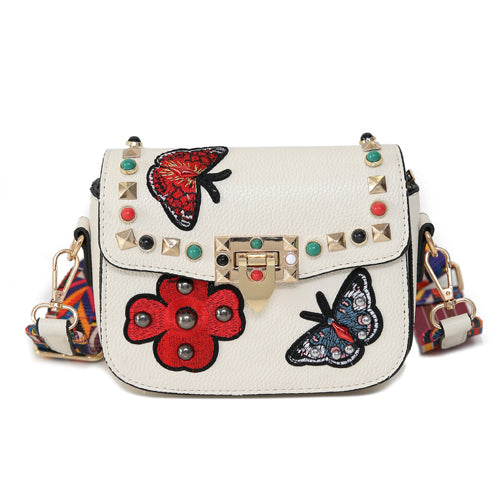 Load image into Gallery viewer, Small Leather Designer Hand Bag Embroidered with Butterflies-women-wanahavit-White-wanahavit
