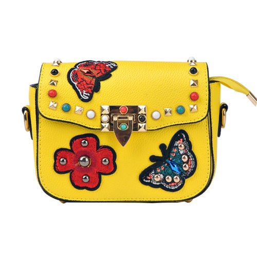 Load image into Gallery viewer, Small Leather Designer Hand Bag Embroidered with Butterflies-women-wanahavit-Yellow-wanahavit
