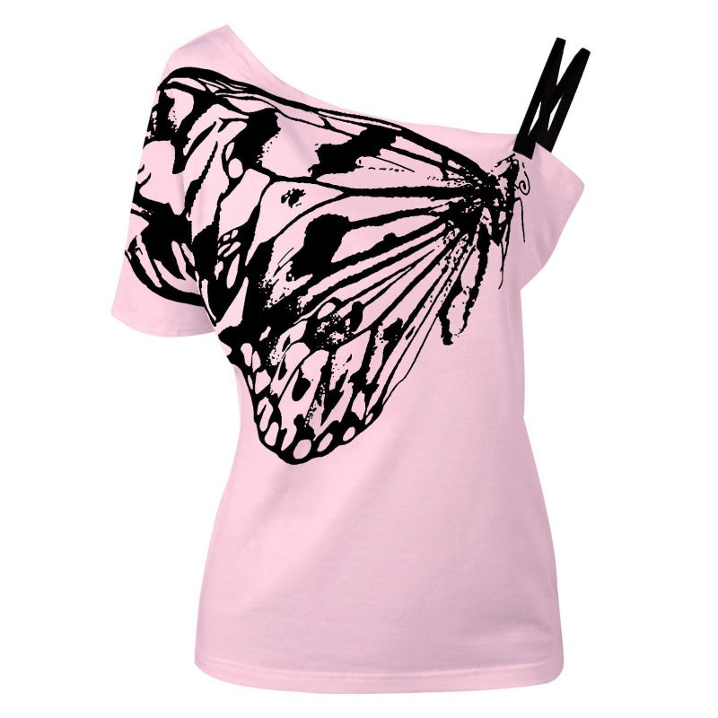 Skew Collar Butterfly Printed T-shirt-women-wanahavit-Pink-L-wanahavit