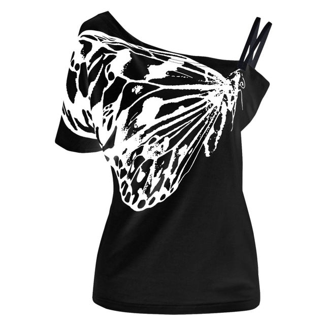 Skew Collar Butterfly Printed T-shirt-women-wanahavit-Black-L-wanahavit