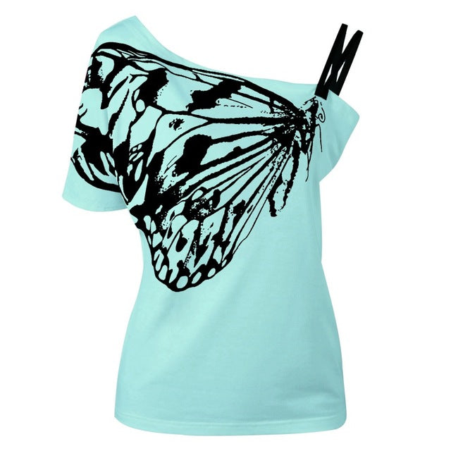 Skew Collar Butterfly Printed T-shirt-women-wanahavit-Sky Blue-L-wanahavit