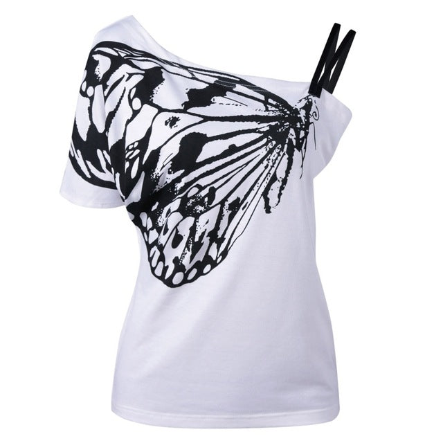 Skew Collar Butterfly Printed T-shirt-women-wanahavit-White-L-wanahavit