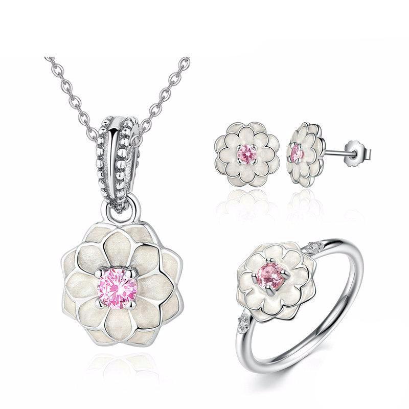 925 Sterling Silver White Flower with Pink Crystal Jewelry Set-women-wanahavit-6-wanahavit
