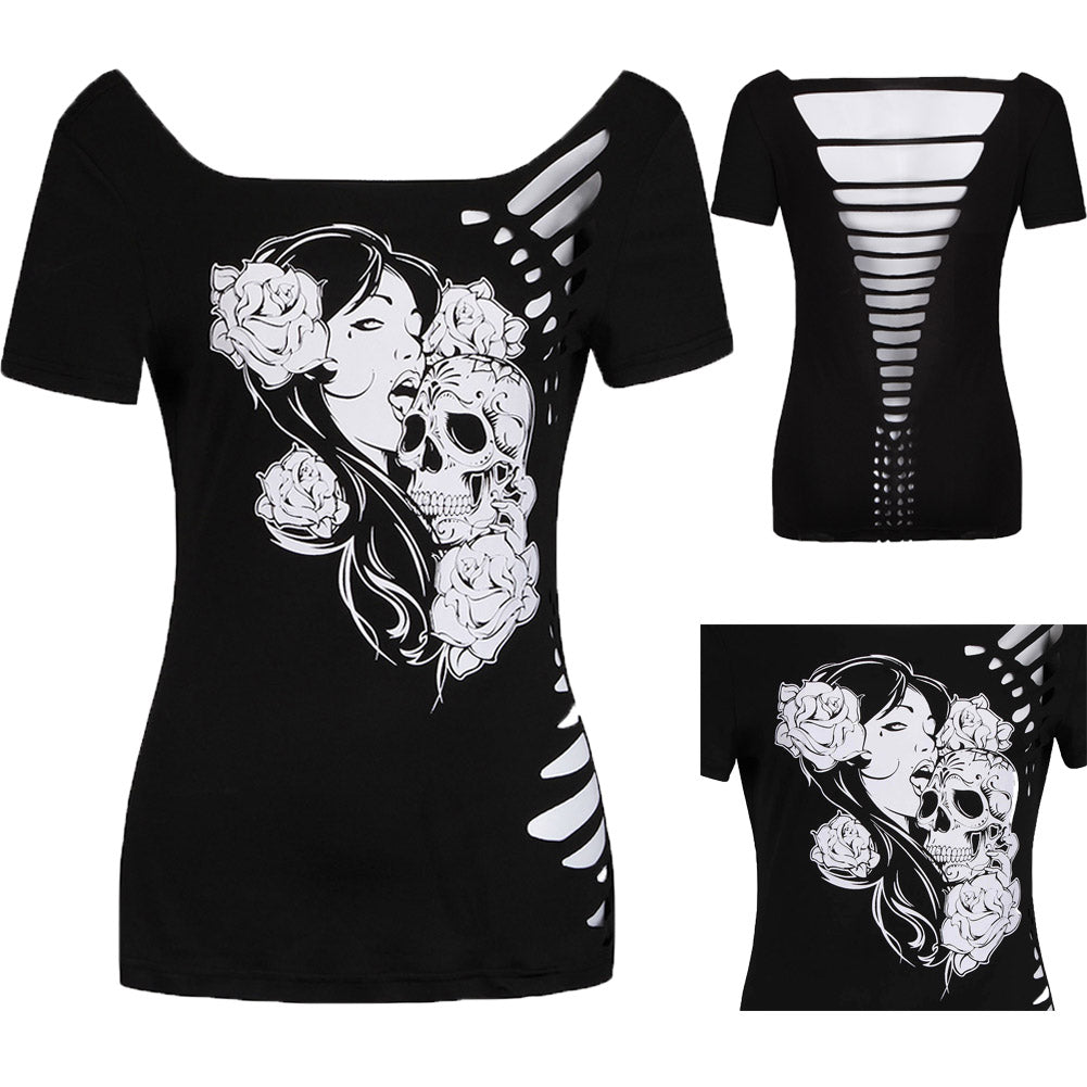 Girl, Flowers and Skull Printed Shirt-women-wanahavit-Black-S-wanahavit