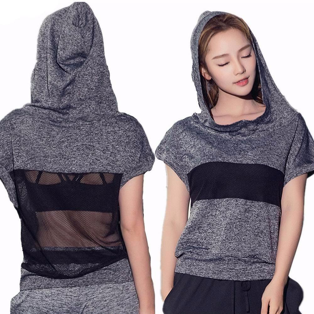 Hooded Meshed Short Sleeve Workout Shirt-women fashion & fitness-wanahavit-Gray-S-wanahavit