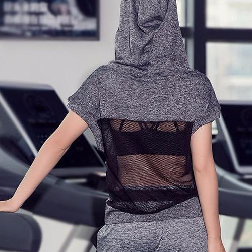 Load image into Gallery viewer, Hooded Meshed Short Sleeve Workout Shirt-women fashion &amp; fitness-wanahavit-Gray-S-wanahavit
