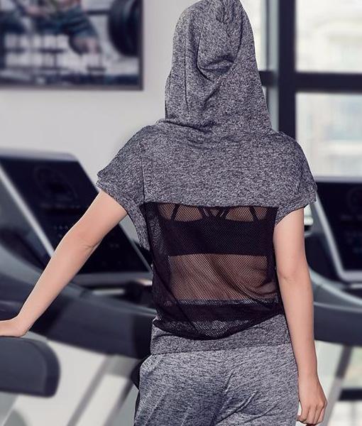 Hooded Meshed Short Sleeve Workout Shirt-women fashion & fitness-wanahavit-Gray-S-wanahavit