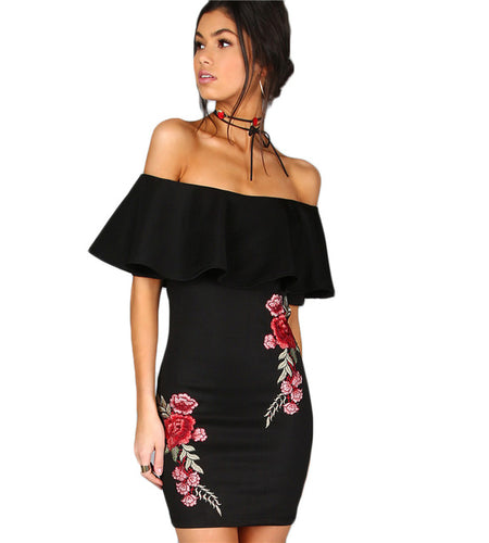 Embroidered Rose Ruffle Sexy Off Shoulder Dress-women-wanahavit-Black-XS-wanahavit
