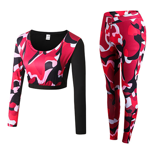 Load image into Gallery viewer, Camouflage Fitness Yoga Workout Set Crop Top Long Sleeve Shirt + Legging-women fitness-wanahavit-Red Camou-S-wanahavit
