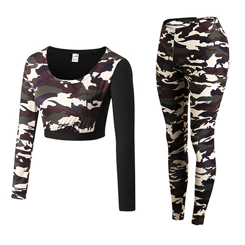 Load image into Gallery viewer, Camouflage Fitness Yoga Workout Set Crop Top Long Sleeve Shirt + Legging-women fitness-wanahavit-Brown Camou-S-wanahavit
