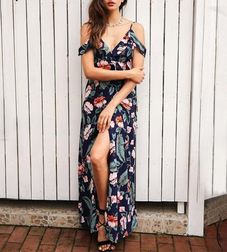 Cold Shoulder Ruffles Floral Print Backless Maxi Dress-women-wanahavit-Print In Navy-S-wanahavit