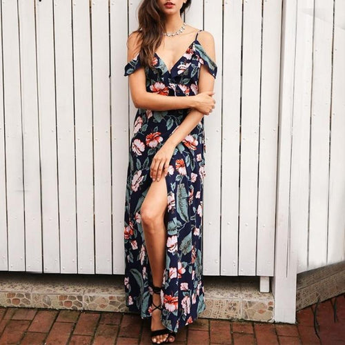 Load image into Gallery viewer, Cold Shoulder Ruffles Floral Print Backless Maxi Dress-women-wanahavit-Print In Navy-S-wanahavit
