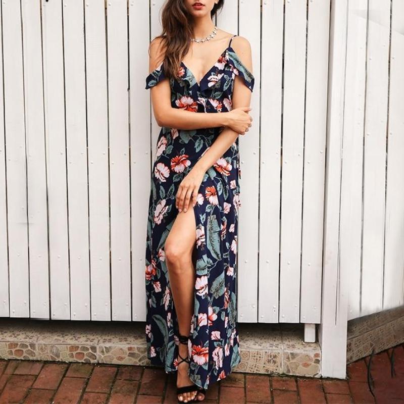 Cold Shoulder Ruffles Floral Print Backless Maxi Dress-women-wanahavit-Print In Navy-S-wanahavit