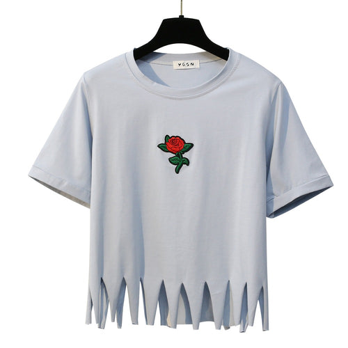 Load image into Gallery viewer, Cute Embroidered Rose Crop Top Shirt-women-wanahavit-Gray-One Size-wanahavit
