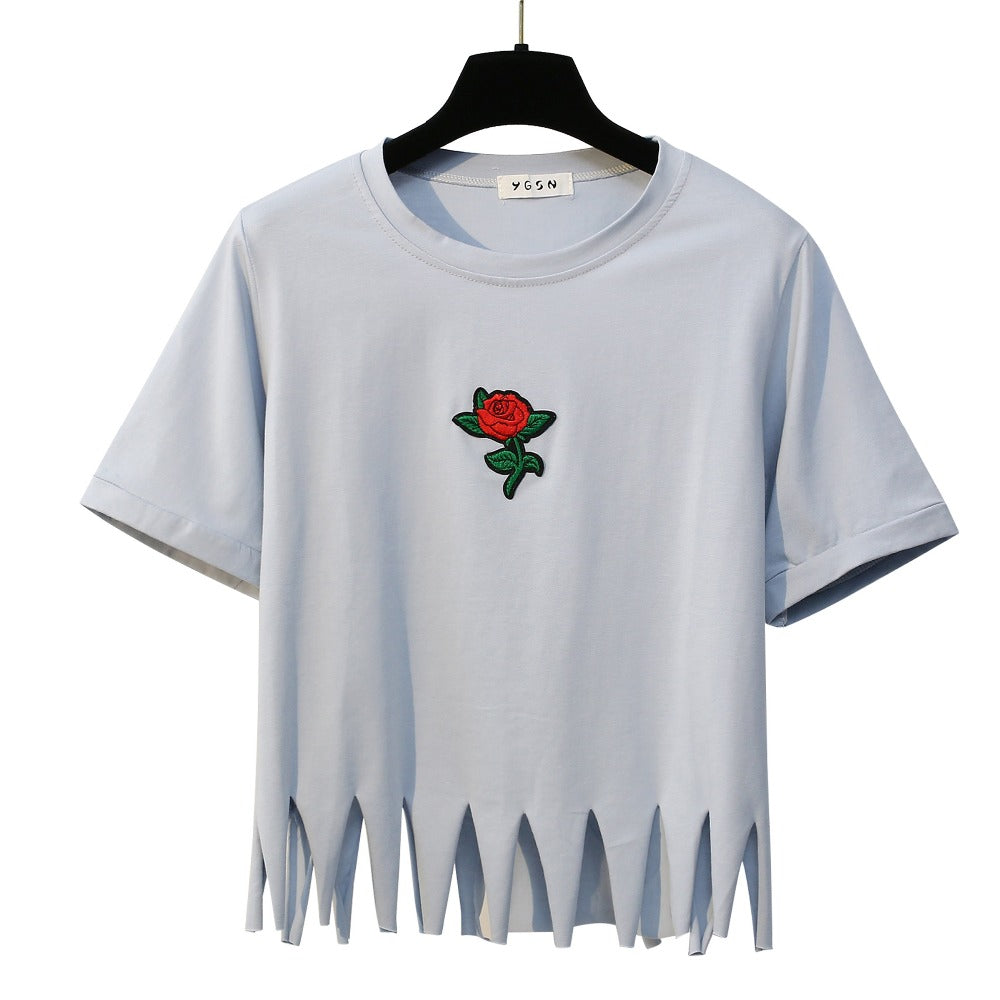 Cute Embroidered Rose Crop Top Shirt-women-wanahavit-Gray-One Size-wanahavit
