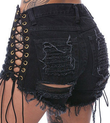 Summer Solid Lacing Ripped Denim Shorts-women-wanahavit-L-wanahavit