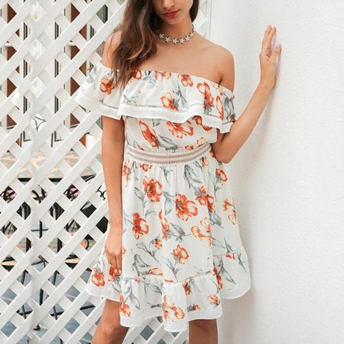 Load image into Gallery viewer, Summer Boho Floral Print Ruffle Off Shoulder Short Dress-women-wanahavit-Yellow-S-wanahavit
