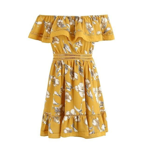 Load image into Gallery viewer, Summer Boho Floral Print Ruffle Off Shoulder Short Dress-women-wanahavit-Yellow-S-wanahavit
