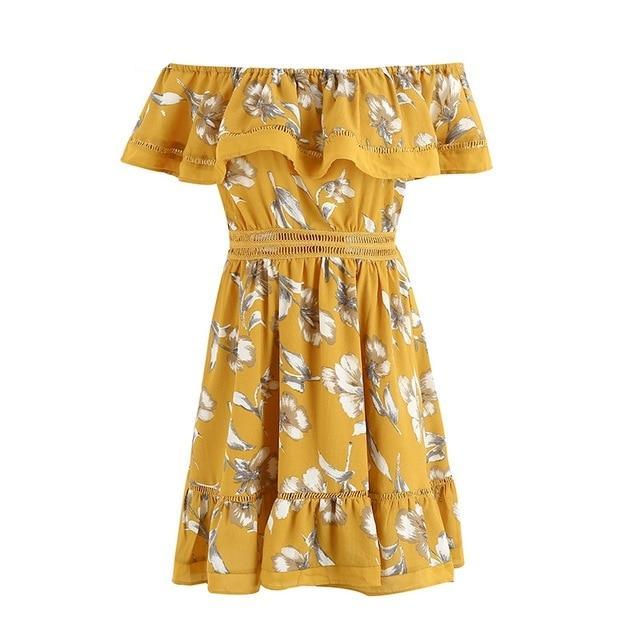 Summer Boho Floral Print Ruffle Off Shoulder Short Dress-women-wanahavit-Yellow-S-wanahavit