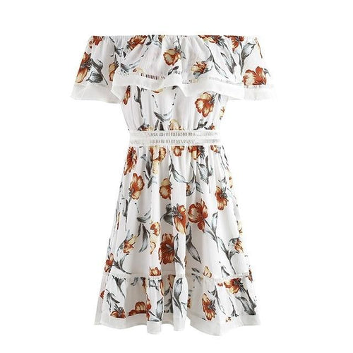 Load image into Gallery viewer, Summer Boho Floral Print Ruffle Off Shoulder Short Dress-women-wanahavit-White-S-wanahavit
