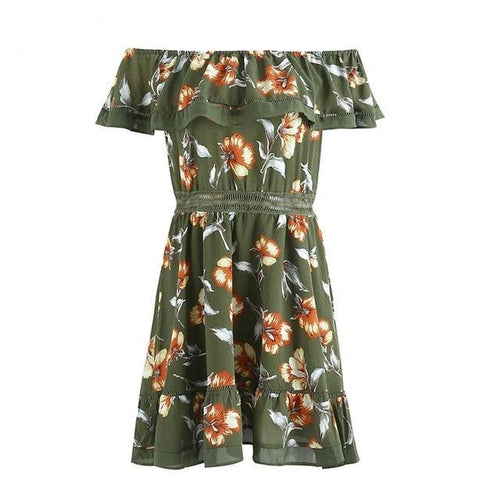 Load image into Gallery viewer, Summer Boho Floral Print Ruffle Off Shoulder Short Dress-women-wanahavit-Green-S-wanahavit
