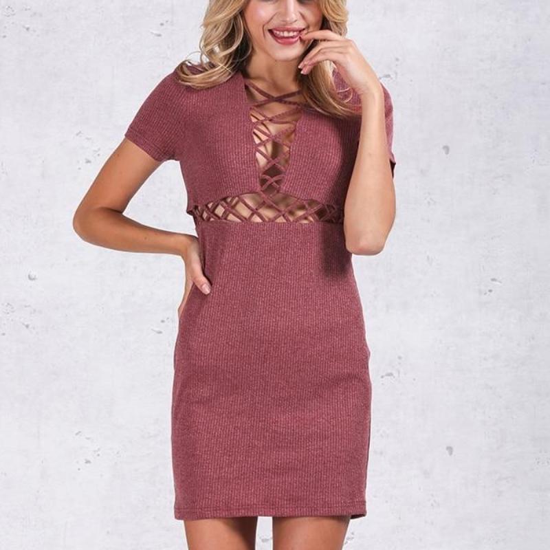Knitted Sexy Lace Up Bodycon Dress for women - wanahavit