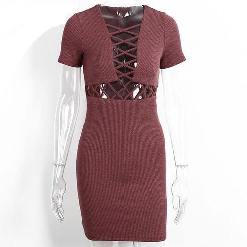 Load image into Gallery viewer, Knitted Sexy Lace Up Bodycon Dress-women-wanahavit-Red-S-wanahavit
