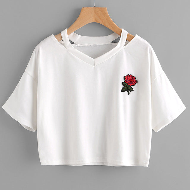 Harajuku Rose Embroid Summer Casual T Shirt-women-wanahavit-DS6-S-wanahavit