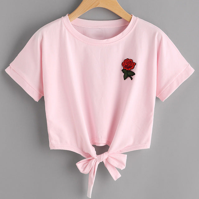 Harajuku Rose Embroid Summer Casual T Shirt-women-wanahavit-DS12-S-wanahavit