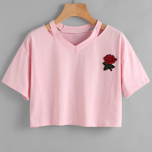 Load image into Gallery viewer, Harajuku Rose Embroid Summer Casual T Shirt-women-wanahavit-DS8-L-wanahavit
