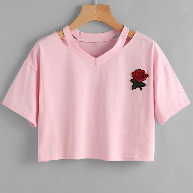 Harajuku Rose Embroid Summer Casual T Shirt-women-wanahavit-DS8-L-wanahavit